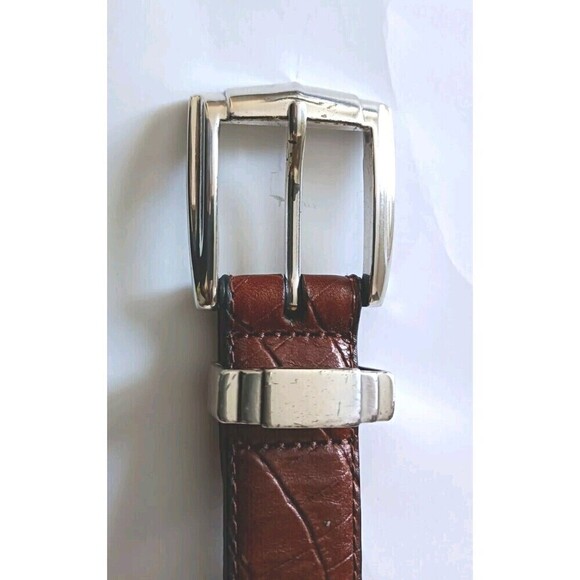 Tasso Elba Leather Belt Size 42 Brown Embossed Unisex Chrome Buckle Men Women - Picture 5 of 10